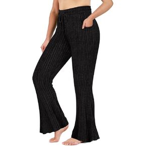 CARCOS Plus Size Pants for Women Ribbed Knit Flare Pants High Waist Lounge Pants Drawstring Wide Leg Trousers with Pockets