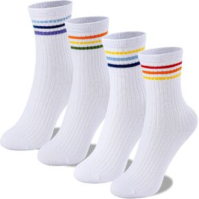 UMELOK Kids Athletic Socks Cotton Crew Socks for Boys and Girls with Stripes and Flower 4 Pairs