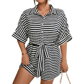SweatyRocks Women's Plus Size Short Sleeve Romper Striped Casual Belted Collared Trendy Romper