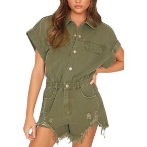 Women's Distressed Denim Romper Short Cuffed Sleeve Jean Jumpsuit Collared Ripped Frayed Shortalls Overalls
