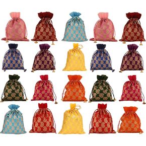 Touchstone Drawstring Bags Traditional Indian Handcrafted in Paisley Pattern Brocade Fabric. Perfect for Gifts Jewelry Weddings Sweet Distribution Set of 20 Vibrant Multicolor Pouches Purses Potli.