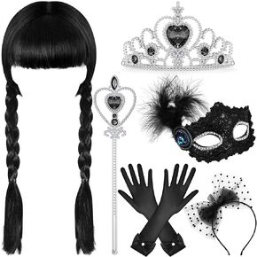 Black Wig Girls Costume, Halloween Costumes for Kids Girls, Black Outfit Costume Accessories Set for Kids(Stylish)