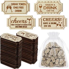 120 Pcs Wooden Drink Tokens Bulk Wooden Drink Tickets Bulk with Organza Bag Wedding Drink Tickets Rustic Cheers Tickets Vintage Raffle Tickets for Wedding Party Bar Events Entry Vouchers