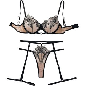 SOLY HUX Women's Floral Embroidery Mesh Lingerie Sets Underwire Bra and Panty Garter Belts Set