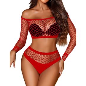 Avidlove Fishnet Lingerie Set for Women Sexy 2 Piece Lingerie Outfits Mesh Crop Top and Panty Set One Size