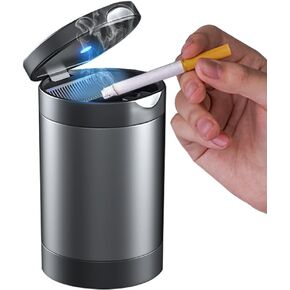 Car Ashtray,Car Ash Tray with Lid Smell Proof,Detachable Stainless Steel Cup Holder Ashtray with LED Auto Light, for Most Car, Office, Home (Grey)