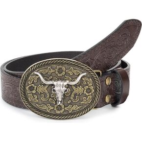 Mens Western Cowboy Belt Vintage Embossed Leather Belt With Longhorn Cow Pattern Buckle Fit 25" to 38" Waist