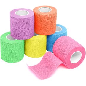 FriCARE Latex Free Self Adhesive Bandage Wrap, Fluorescent Colors First Aid Supplies Medical Tape Self-Adherent Cohesive Bandages, Non-Woven Elastic Athletic Spat Tape Vet Wrap 6 Rolls 2" x 5 Yards