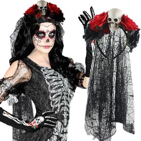 Mexican Day of the Dead Rose Flower Veil Headband Floral Lace Crown Red Black Flower Dead Skull Headpiece for Women Girls Halloween Masquerade Party Cosplay Costume