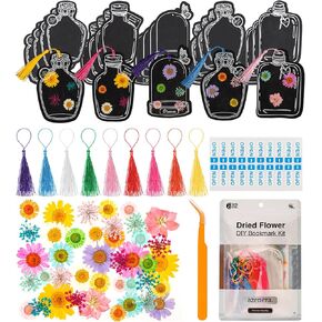 Dried Flower Bookmark DIY Kit - Includes Pressed Flowers, Transparent Bottle Jar Sheets, Tassels, Tweezers, Stickers - Complete Arts Crafts Set to Make Unique, Personalized Bookmarks - Great Gift Idea