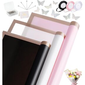 MATT SAGA 60 Sheets Flower Wrapping Paper, Bouquet Wrapping Paper including Satin Ribbon,3D Butterflies,Flower Pins, Cards, Flower Paper Wrap for Wedding Birthday Gift Florist Wrap (Black+Pink+White)