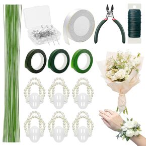 213PCS Bouquets Floral Wire Arrangement Tool Kit with 3P Floral Tape,6P Elastic Pearl Wrist, Floral Wire,Flower Pin, Cutter, Ribbon for DIY Wrist Corsages Accessories for Wedding Decor