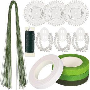 4PCS Corsage Wristlet Band for Wedding Party Floral Tape and Floral Wire Arrangement Tool Kit with Green Floral Tape, Floral Wire, Boutonniere Flower pin,White Ribbon