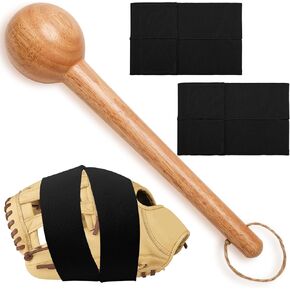 Baseball Glove Break in Kit, One-Piece Solid Wooden Baseball Glove Mallet and Three Colors Glove Wrap Straps for Baseball Glove and Softball Glove, Fit Adult Youth Kids Catcher Mitt