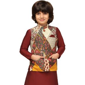 KISAH Boy's Printed Cotton Nehru Jacket- Traditional Indian Waistcoat for Festive Occasions