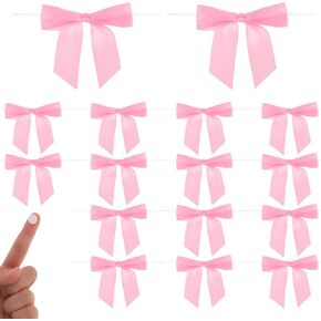 Twist Tie Bows 50 Pcs Pink Satin Ribbon Bows for Treat Bag 3.5'' Pre-Tied Pink Gift Bows for Gift Wrapping Tying Up Packages Present Bags Bakery Candy Bags Decorating