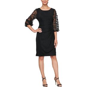Alex Evenings Women's Short Sheath Metallic Cocktail Dress w/Embellished Sleeves & Cascade Ruffle (Petite and Regular Sizes)