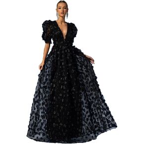 Women's Floral Tulle A Line Puffy Sleeve Prom Dresses Elegant V Neck Formal Evening Party Gowns
