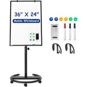 Mobile Whiteboard, 36" x 24" Magnetic Portable White Board on Wheels, Height Adjustable Standing Dry Erase Board with Stand, Easel Style Rolling Whiteboard for Classroom, Office, Teacher, Home