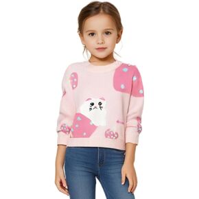 Girl Sweater Cute Long Sleeve Crew Neck Pullover for Little Girls with Sweet Cartoon Kitten Design 2-7 Years 2-7T