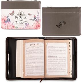 Christian Art Gifts Women's Fashion Bible Cover Be Still and Know Psalm 46:10, Pink Rose Butterfly, Gray Faux Leather, Medium