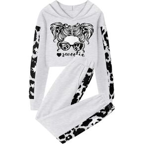 Crazyme Girls Clothes Cool Girl Print Pure Color Drop Shoulder Hoodie and Jogger Sweatpants 2 Piece Tracksuits Sets, 6-14Y