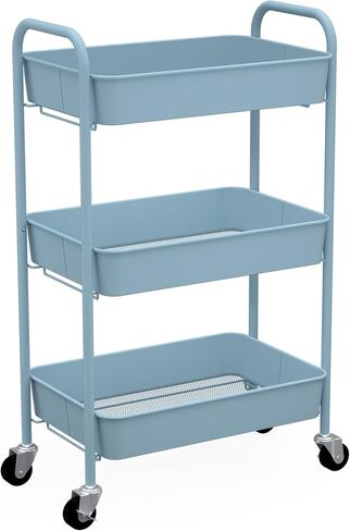 CAXXA 3-Tier Rolling Metal Storage Organizer - Mobile Utility Cart with Caster Wheels, Blue in Kuwait