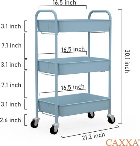 CAXXA 3-Tier Rolling Metal Storage Organizer - Mobile Utility Cart with Caster Wheels, Blue in Kuwait