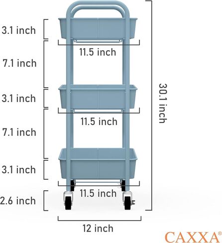 CAXXA 3-Tier Rolling Metal Storage Organizer - Mobile Utility Cart with Caster Wheels, Blue in Kuwait
