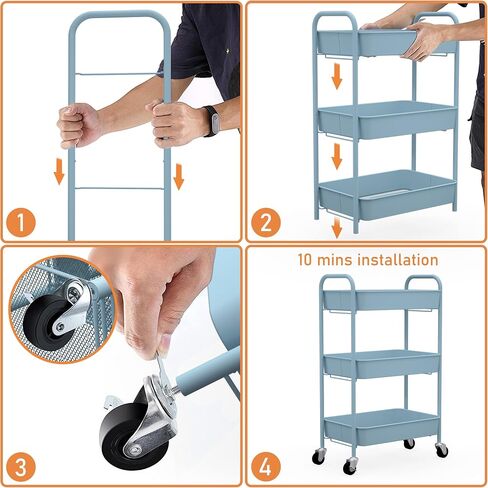 CAXXA 3-Tier Rolling Metal Storage Organizer - Mobile Utility Cart with Caster Wheels, Blue in Kuwait