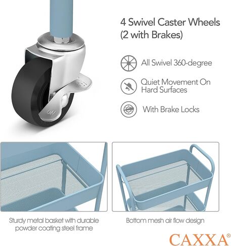 CAXXA 3-Tier Rolling Metal Storage Organizer - Mobile Utility Cart with Caster Wheels, Blue in Kuwait