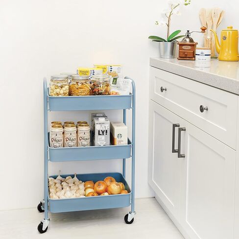 CAXXA 3-Tier Rolling Metal Storage Organizer - Mobile Utility Cart with Caster Wheels, Blue in Kuwait