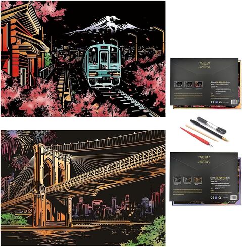 Scratch Rainbow Painting Art Paper,Scratch Art Crafts Set for Adults&Kids,Scratch Painting DIY Creative Gift with 4 Tools,16''x11''(Mt. Fuji&Brooklyn Bridge) in Saudi Arabia
