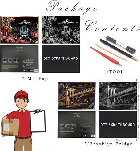 Scratch Rainbow Painting Art Paper,Scratch Art Crafts Set for Adults&Kids,Scratch Painting DIY Creative Gift with 4 Tools,16''x11''(Mt. Fuji&Brooklyn Bridge) in Saudi Arabia
