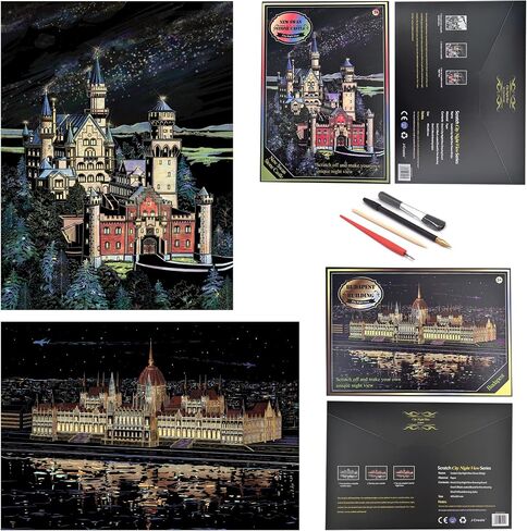 Scratch Rainbow Painting Art Paper,Scratch Art Crafts Set for Adults&Kids,Scratch Painting DIY Creative Gift with 4 Tools,16''x11''(Mt. Fuji&Brooklyn Bridge) in Saudi Arabia