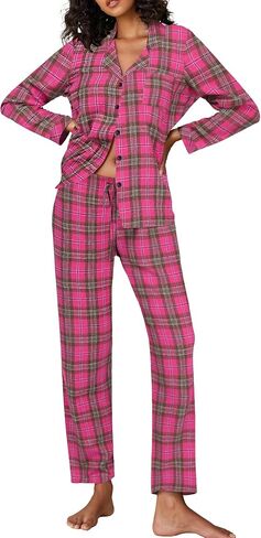 Ekouaer Pajamas for Women 2 Piece Lounge Set Long Sleeve Plaid Sleepwear Casual 2 Piece Pjs S-XXL in Saudi Arabia