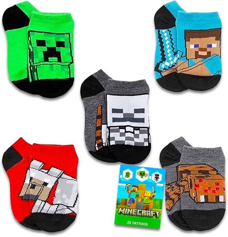 Minecraft Socks for Boys Set - Minecraft Accessories Bundle with 5 Pairs of Minecraft Socks for Boys Age 4-6 Plus Tattoos | Minecraft Gift Set for Kids in Saudi Arabia