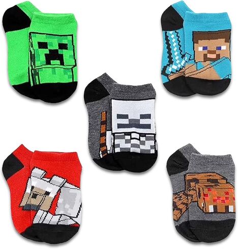 Minecraft Socks for Boys Set - Minecraft Accessories Bundle with 5 Pairs of Minecraft Socks for Boys Age 4-6 Plus Tattoos | Minecraft Gift Set for Kids in Saudi Arabia