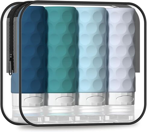 Travel Bottles for Toiletries, 4pcs Tsa Approved 3oz Travel Size Containers, BPA Free Leak Proof Premium Silicone Travel Bottles, Refillable Liquid Travel Accessories W/Toiletry Bag in Saudi Arabia