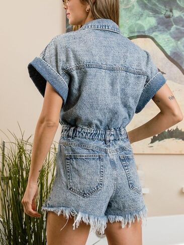 Women's Distressed Denim Romper Short Cuffed Sleeve Jean Jumpsuit Collared Ripped Frayed Shortalls Overalls in Saudi Arabia