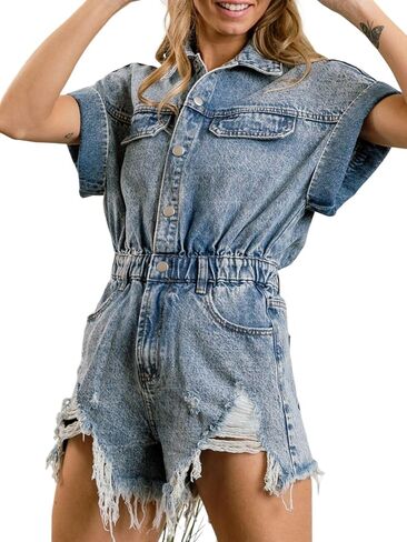 Women's Distressed Denim Romper Short Cuffed Sleeve Jean Jumpsuit Collared Ripped Frayed Shortalls Overalls in Saudi Arabia