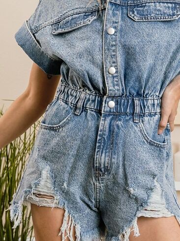 Women's Distressed Denim Romper Short Cuffed Sleeve Jean Jumpsuit Collared Ripped Frayed Shortalls Overalls in Saudi Arabia