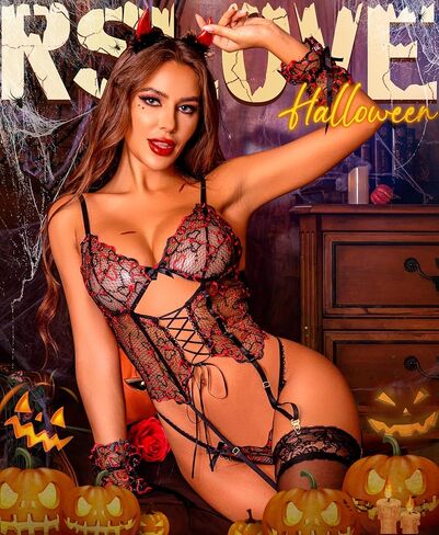 RSLOVE Womens Lingerie Set Sexy - Lace Bodysuit Garter Teddy Lingerie Deep V with Wrist Band 3 Piece Mesh in Kuwait