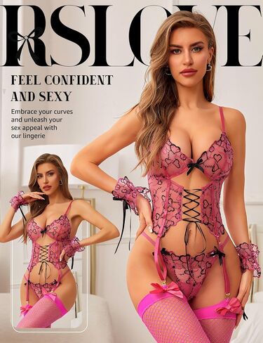 RSLOVE مجموعة الملابس الداخلية النسائية المثيرة - ملابس داخلية من الدانتيل، ملابس داخلية Garter Teddy، عميقة على شكل حرف V مع سوار معصم، 3 قطع شبكية in Kuwait
