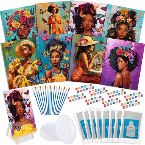 Tenceur 72 Pieces Pre Drawn Canvas Kit 8" x 10" Paint and Sip Kit for Adults Painting Party Pre Printed Canvas DIY Pre Stenciled Canvas with Paints Easels Aprons Brushes for Party Gifts(Black Girl) in Saudi Arabia