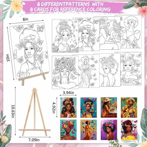 Tenceur 72 Pieces Pre Drawn Canvas Kit 8" x 10" Paint and Sip Kit for Adults Painting Party Pre Printed Canvas DIY Pre Stenciled Canvas with Paints Easels Aprons Brushes for Party Gifts(Black Girl) in Saudi Arabia