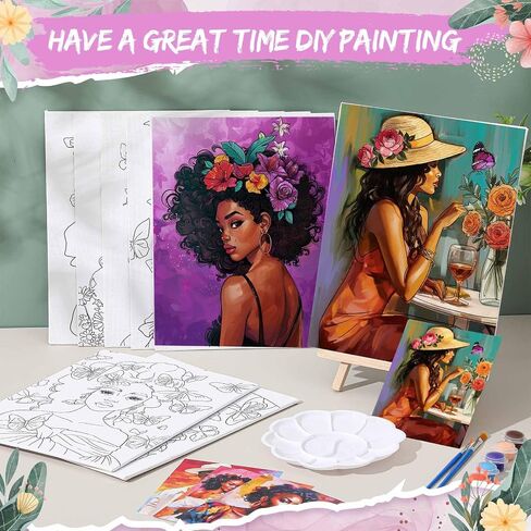 Tenceur 72 Pieces Pre Drawn Canvas Kit 8" x 10" Paint and Sip Kit for Adults Painting Party Pre Printed Canvas DIY Pre Stenciled Canvas with Paints Easels Aprons Brushes for Party Gifts(Black Girl) in Saudi Arabia