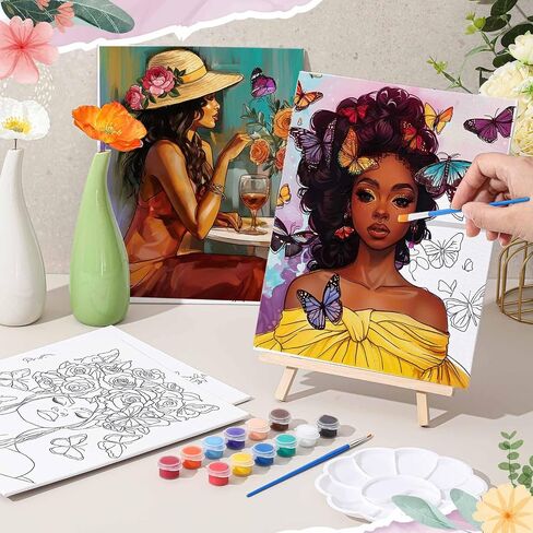 Tenceur 72 Pieces Pre Drawn Canvas Kit 8" x 10" Paint and Sip Kit for Adults Painting Party Pre Printed Canvas DIY Pre Stenciled Canvas with Paints Easels Aprons Brushes for Party Gifts(Black Girl) in Saudi Arabia