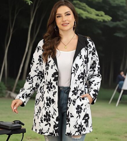 سترة المطر النسائية من AOVDE مقاس كبير معطف واق من المطر ذو وجهين خفيف الوزن وسترات مقاومة للماء مع غطاء للرأس للنساء in Kuwait