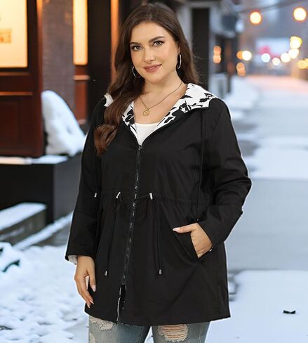 سترة المطر النسائية من AOVDE مقاس كبير معطف واق من المطر ذو وجهين خفيف الوزن وسترات مقاومة للماء مع غطاء للرأس للنساء in Kuwait